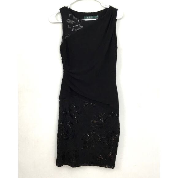 Lauren Ralph Lauren Sheath Dress Black Sequin Floral Lace Side Ruched Sz 6 - Picture 1 of 7